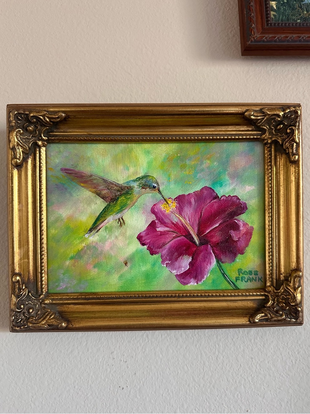 Vibrant Hummingbird and Hibiscus Canvas Art in Gold Frame